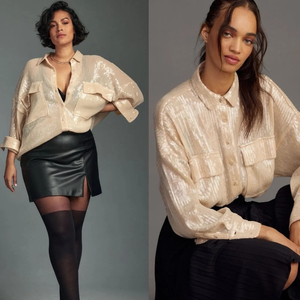 Anthropologie Champagne Sequin Button-Down Shirt